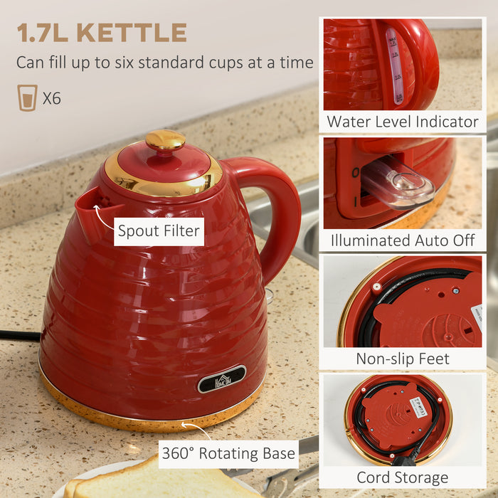 3000W 1.7L Quick Heat Kettle & 4-Slice Toaster Combo - High-Capacity Fast Boiling and Adjustable Browning with Crumb Tray in Red - Ideal for Busy Kitchens and Breakfast Prep