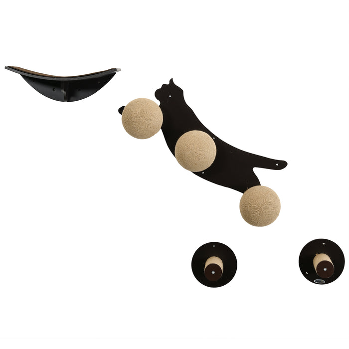 Cat Lover's Delight - Wall-Mounted, Cat-Shaped Shelving with Scratching Posts and Hanging Balls - Space-Saving Cat Playground in Tawny Brown