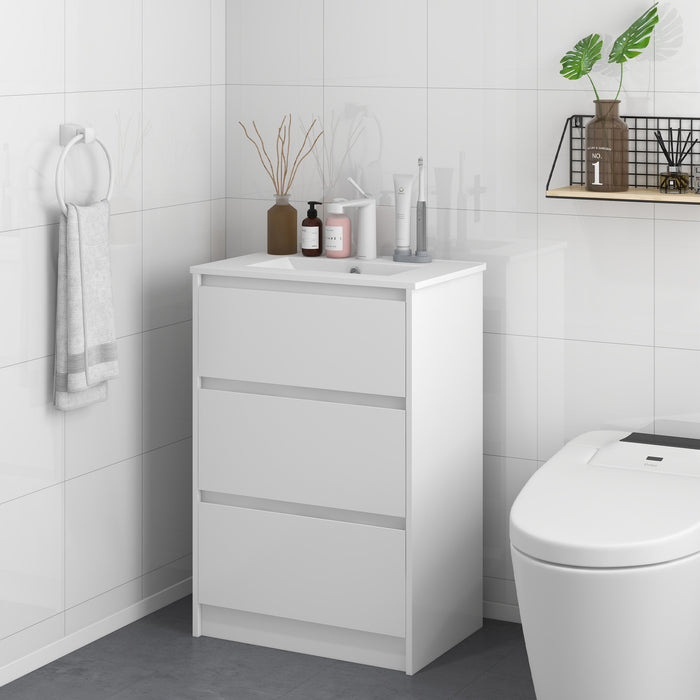 High Gloss White 600mm Vanity Unit with Basin - Sleek Floor Standing Bathroom Sink, Single Tap Hole - 2 Drawer Storage for Modern Home Restrooms