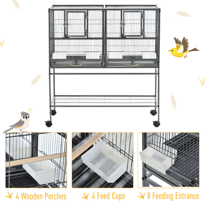 Deluxe Double Rolling Metal Parrot Cage - Includes Removable Tray, Storage, Wooden Perch & Food Holder - Ideal for Avian Pets & Bird Care Enthusiasts