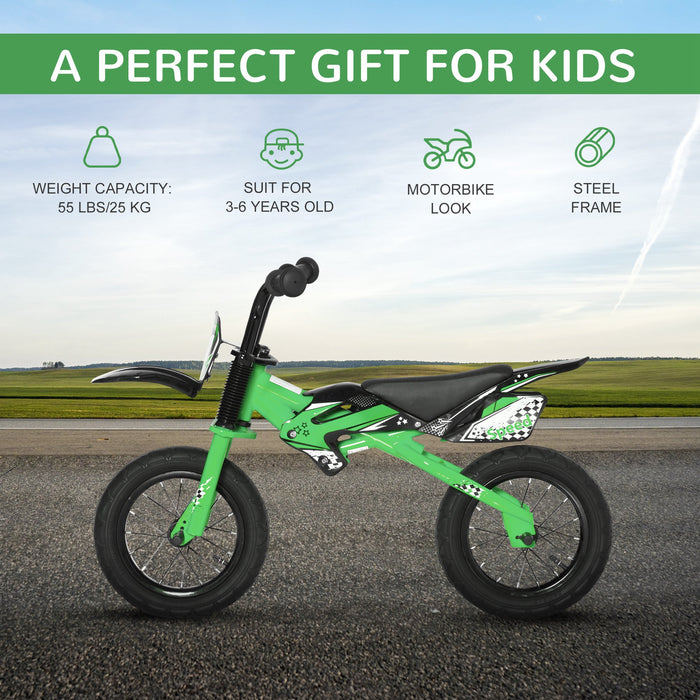 Kids Balance Bike - 12" No-Pedal Training Cycle with Motorbike Design, Air-Filled Tires & Adjustable PU Seat - Ideal for 3-6 Year Old Children Learning Balance & Coordination, Green