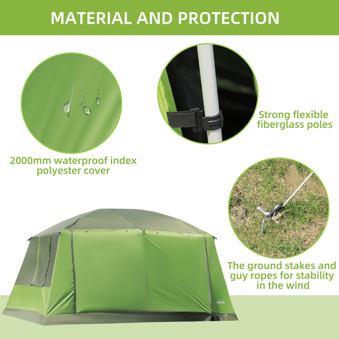 8-Person Double Room Dome Tent with Porch - Mesh Windows, Zipped Doors, and Lamp Hook for Camping - Ideal Shelter for Families and Group Backpacking Adventures