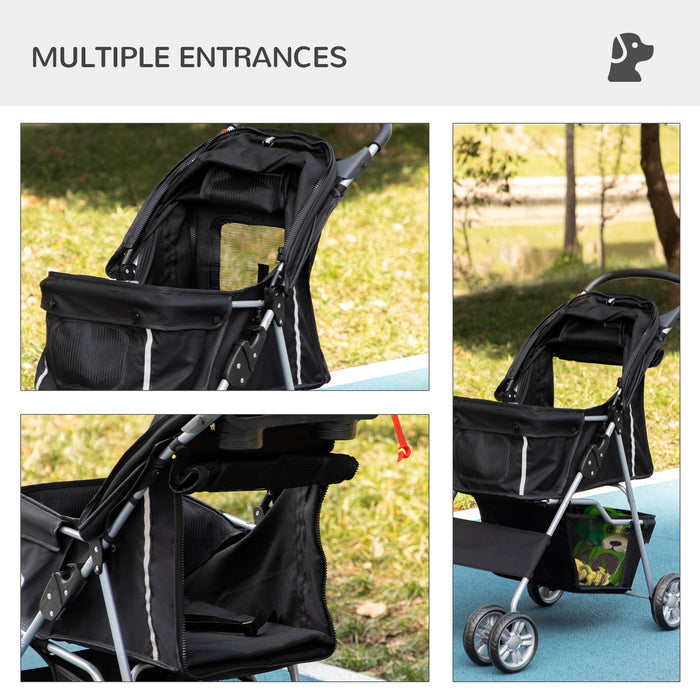Foldable Pet Stroller with Zipper Entry - Travel Carriage for Small Dogs and Cats, Includes Cup Holder - Lightweight Pushchair for Miniature Pets, Black