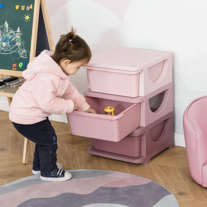 3-Tier Kids Storage Chest with Drawers - Vertical Pink Dresser Tower & Toy Organizer - Space-Saving Solution for Nursery & Playroom