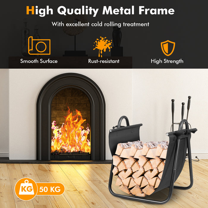 Fireplace Log Holder - 46 x 43 x 52cm Size with Durable Canvas Tote Carrier - Ideal for Organizing and Transporting Firewood
