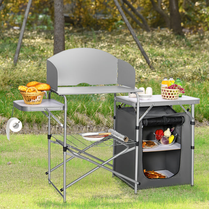 Outdoor Camping Essential - Portable Table with Windscreen and Storage Features for BBQ - Ideal for Campers and Outdoor Enthusiasts