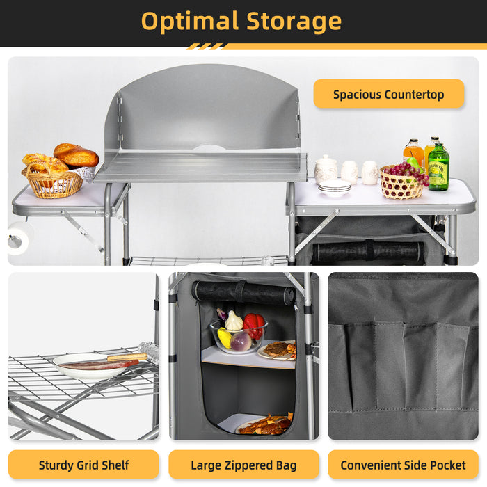 Outdoor Camping Essential - Portable Table with Windscreen and Storage Features for BBQ - Ideal for Campers and Outdoor Enthusiasts