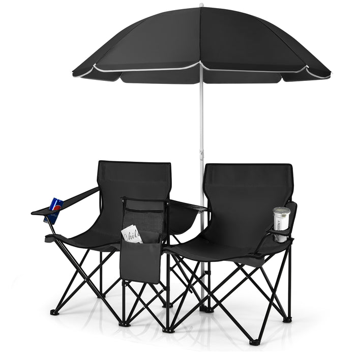 Outdoor Portable Two-Seater Chair - Camping Equipment with Integrated Umbrella and Cooling Ice Bag - Ideal for Summer Camping Trips, Beach Outings, and Tailgating Events