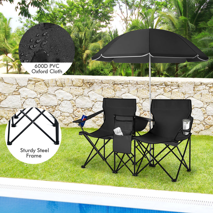 Outdoor Portable Two-Seater Chair - Camping Equipment with Integrated Umbrella and Cooling Ice Bag - Ideal for Summer Camping Trips, Beach Outings, and Tailgating Events