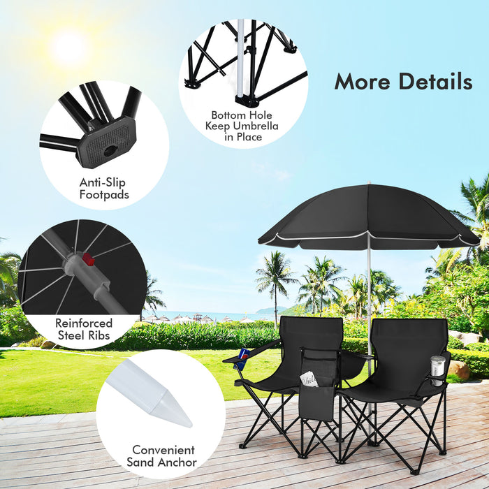 Outdoor Portable Two-Seater Chair - Camping Equipment with Integrated Umbrella and Cooling Ice Bag - Ideal for Summer Camping Trips, Beach Outings, and Tailgating Events