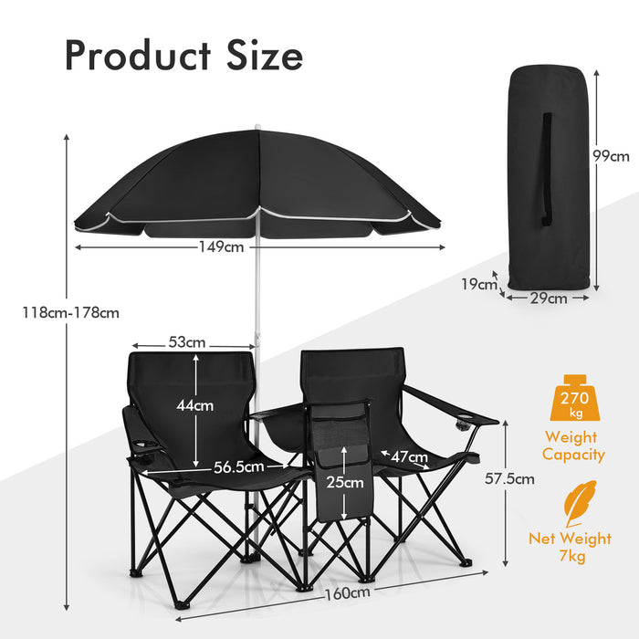 Outdoor Portable Two-Seater Chair - Camping Equipment with Integrated Umbrella and Cooling Ice Bag - Ideal for Summer Camping Trips, Beach Outings, and Tailgating Events