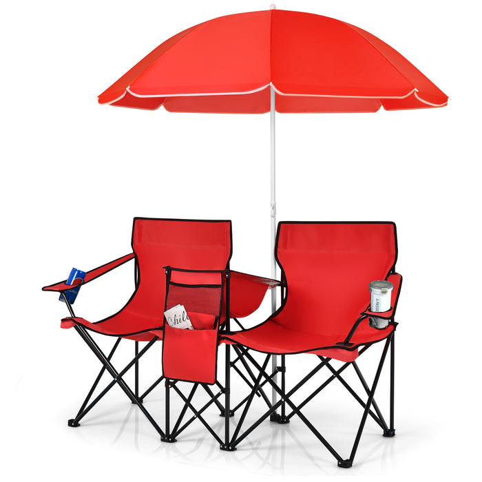 Outdoor Portable Two-Seater Chair - Camping Equipment with Integrated Umbrella and Cooling Ice Bag - Ideal for Summer Camping Trips, Beach Outings, and Tailgating Events
