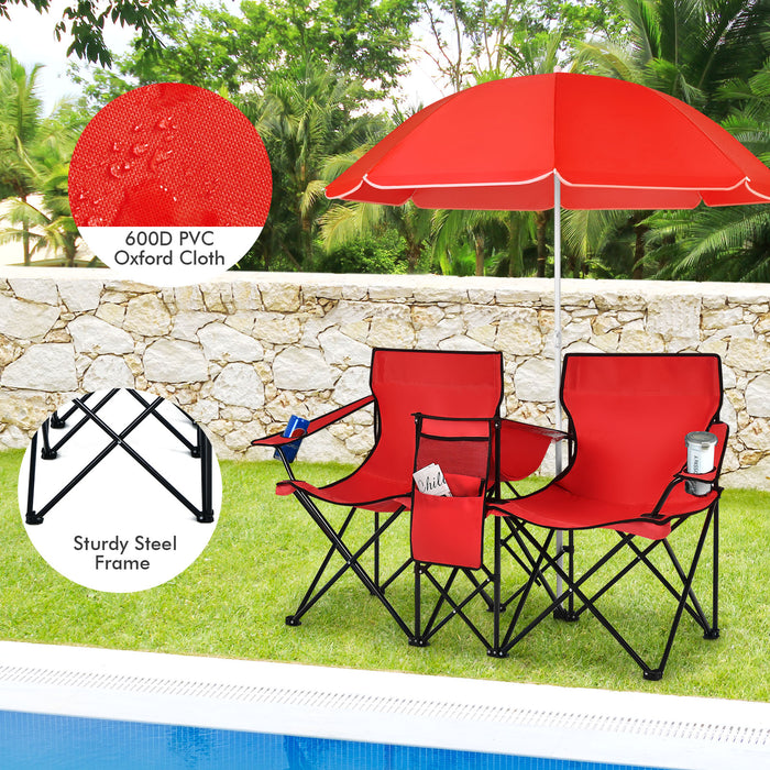 Outdoor Portable Two-Seater Chair - Camping Equipment with Integrated Umbrella and Cooling Ice Bag - Ideal for Summer Camping Trips, Beach Outings, and Tailgating Events