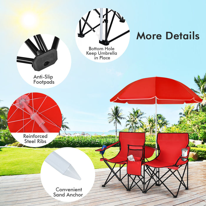 Outdoor Portable Two-Seater Chair - Camping Equipment with Integrated Umbrella and Cooling Ice Bag - Ideal for Summer Camping Trips, Beach Outings, and Tailgating Events