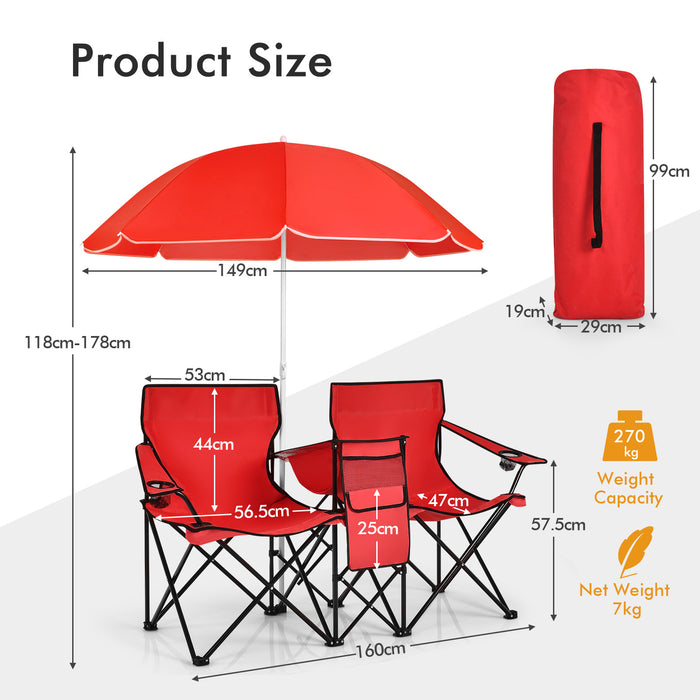 Outdoor Portable Two-Seater Chair - Camping Equipment with Integrated Umbrella and Cooling Ice Bag - Ideal for Summer Camping Trips, Beach Outings, and Tailgating Events