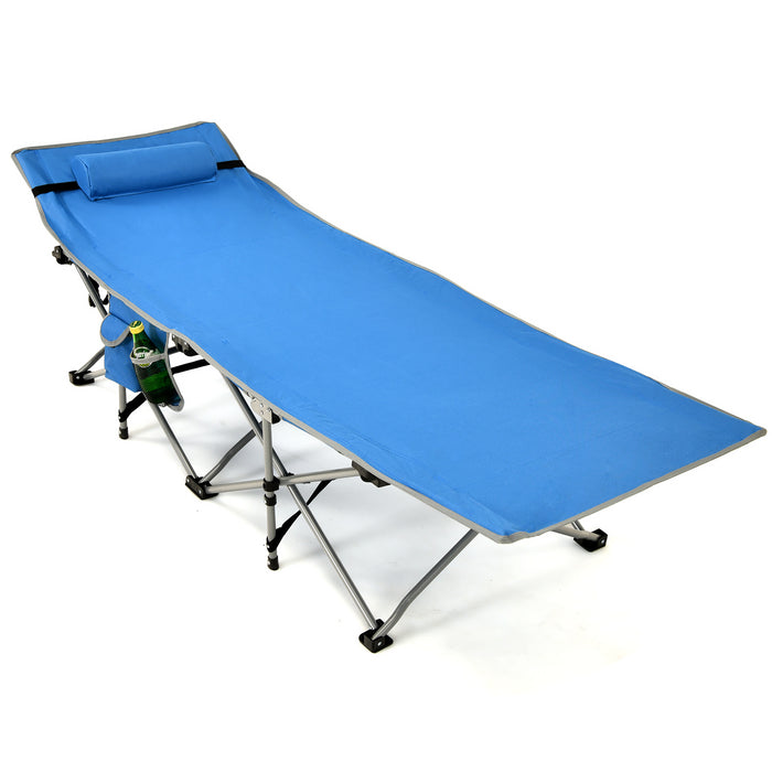 Blue Folding Camping Cot - Detachable Headrest and Side Pocket Features - Ideal for Outdoor Enthusiasts and Campers