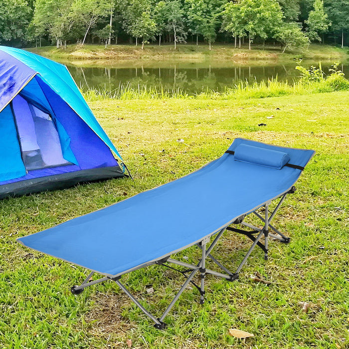 Blue Folding Camping Cot - Detachable Headrest and Side Pocket Features - Ideal for Outdoor Enthusiasts and Campers
