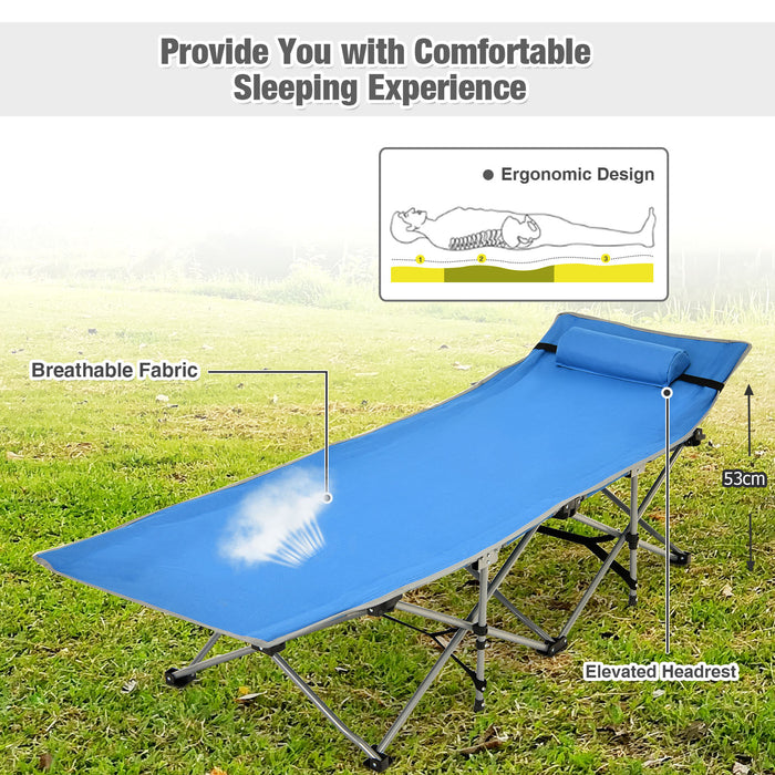 Blue Folding Camping Cot - Detachable Headrest and Side Pocket Features - Ideal for Outdoor Enthusiasts and Campers