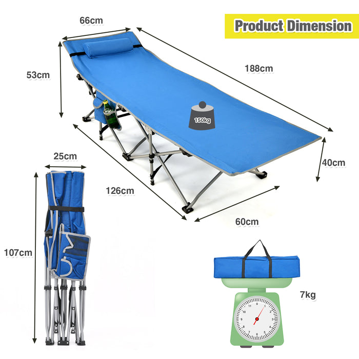 Blue Folding Camping Cot - Detachable Headrest and Side Pocket Features - Ideal for Outdoor Enthusiasts and Campers