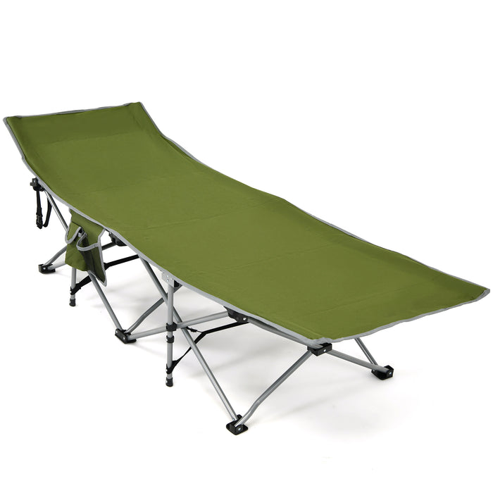 Blue Folding Camping Cot - Detachable Headrest and Side Pocket Features - Ideal for Outdoor Enthusiasts and Campers
