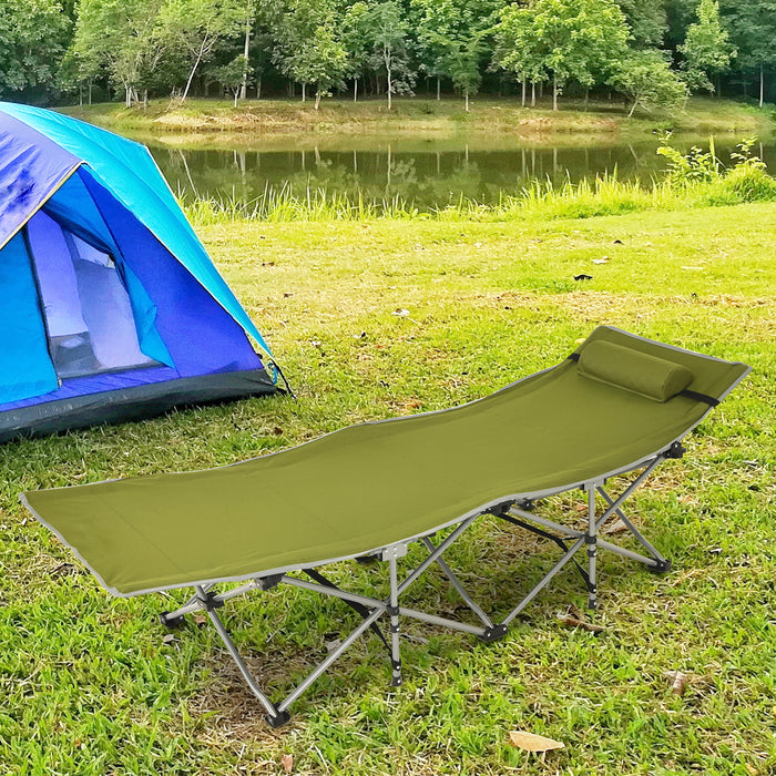 Blue Folding Camping Cot - Detachable Headrest and Side Pocket Features - Ideal for Outdoor Enthusiasts and Campers