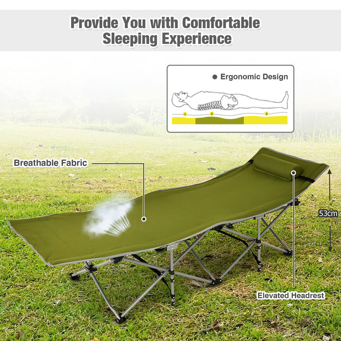Blue Folding Camping Cot - Detachable Headrest and Side Pocket Features - Ideal for Outdoor Enthusiasts and Campers