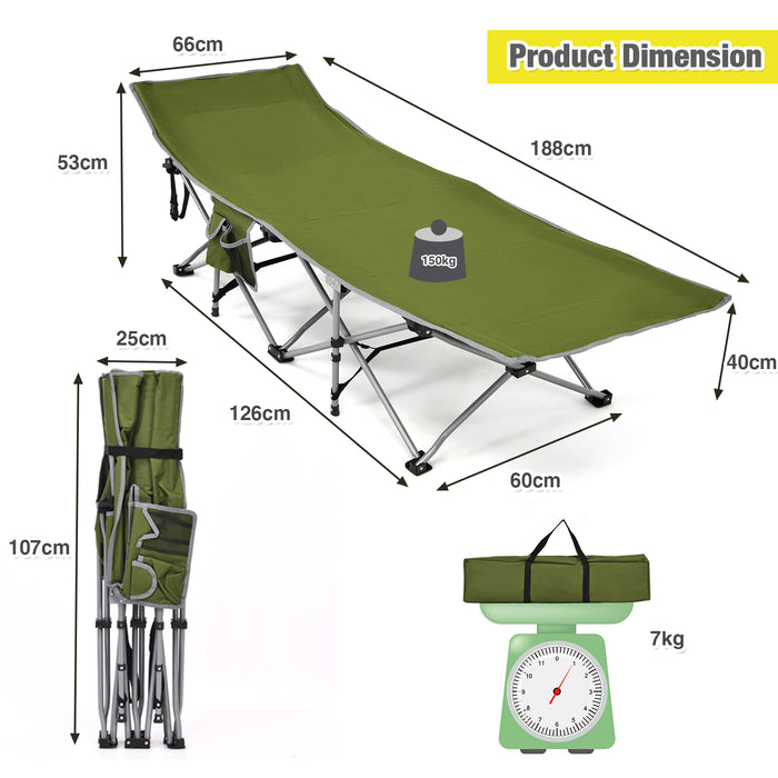 Blue Folding Camping Cot - Detachable Headrest and Side Pocket Features - Ideal for Outdoor Enthusiasts and Campers