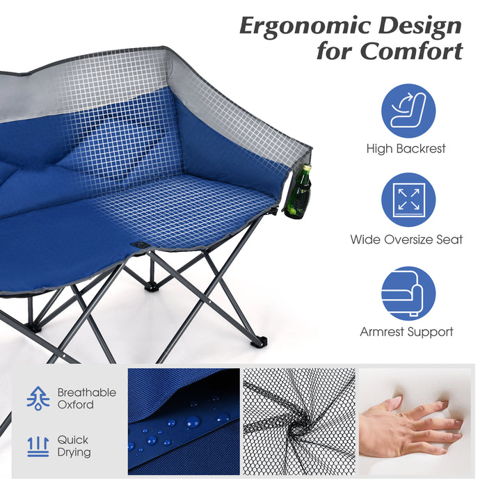 Double Folding Camping Chair - Padded Seat with Storage Pockets in Blue - Ideal for Outdoor Activities and Camping Trips