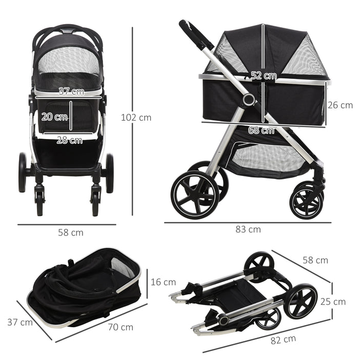 Foldable 3-in-1 Dog Stroller - Detachable Pet Travel Pushchair with EVA Wheels and Adjustable Canopy - Safe and Comfortable for Small Animals with Safety Leash and Cushion, Black