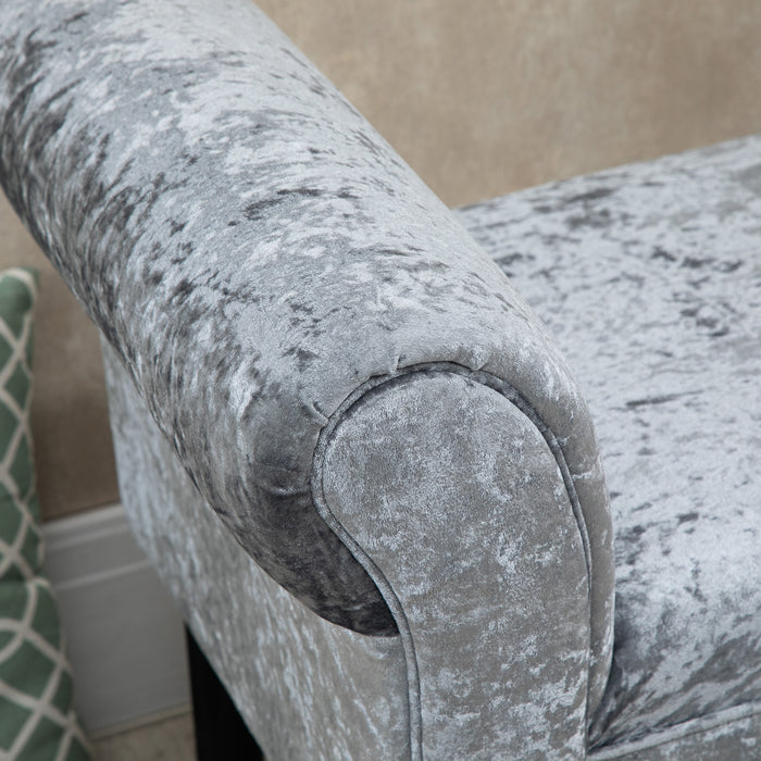 Velvet Fabric Bed End Bench with Sponge Cushion - Ice Crush Upholstery and Silver-Grey Tone, Armrests Included - Elegant Bedroom Accent Furniture