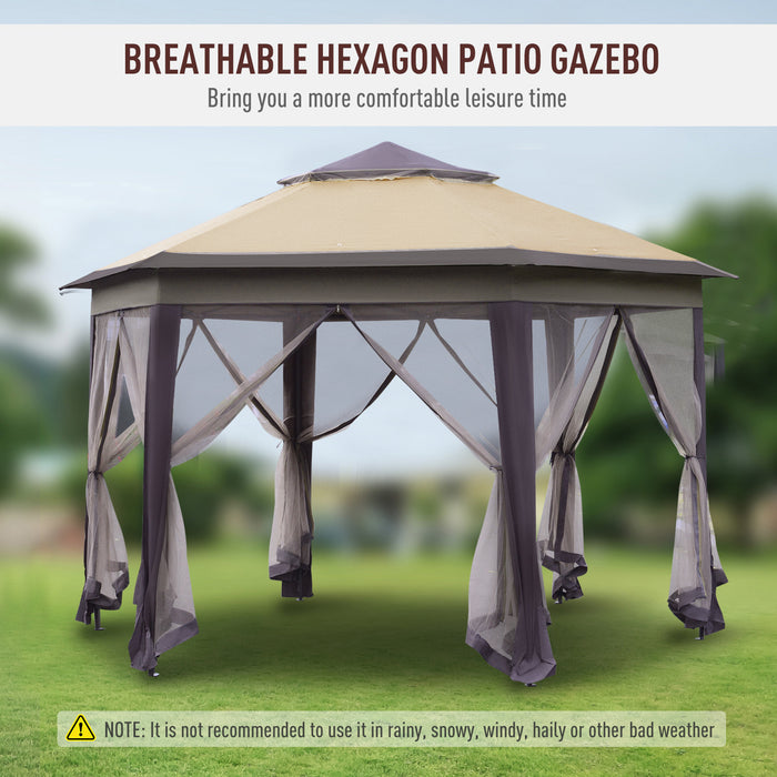 Hexagon Patio Gazebo with Double Roof - Pop-Up Outdoor Instant Shelter with Netting, 4m x 4m, Beige - Ideal for Garden Gatherings and Protective Shade