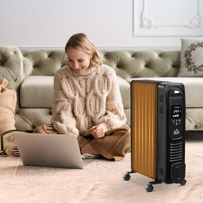 2180W Oil-Filled Radiator - Digital 9-Fin Portable Electric Heater with LED Display, Timer, 3 Heat Settings, Safety Cut-Off, Remote Control - Ideal for Cozy Indoor Heating