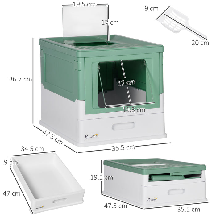 Portable Hooded Cat Litter Box with Scoop - Front Entry and Top Exit Design, Spacious Pet Toilet - Ideal for Privacy-Loving Cats, 47.5x35.5x36.7cm, Green