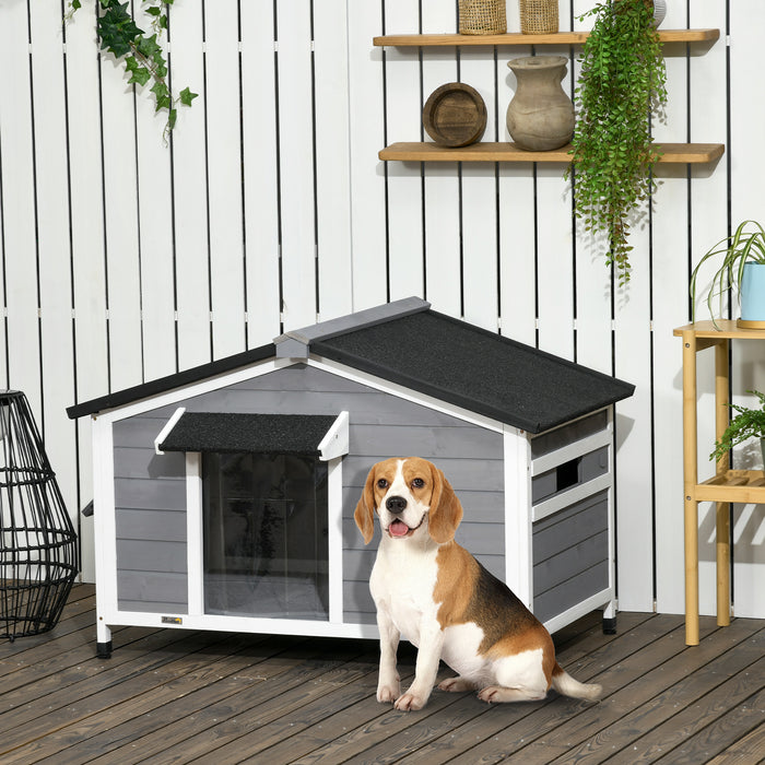Elevated Large Wooden Dog Kennel with Asphalt Roof - Outdoor Pet Shelter with Openable Top & Removable Tray - Adjustable Legs for Stability, Ideal for Large Dogs