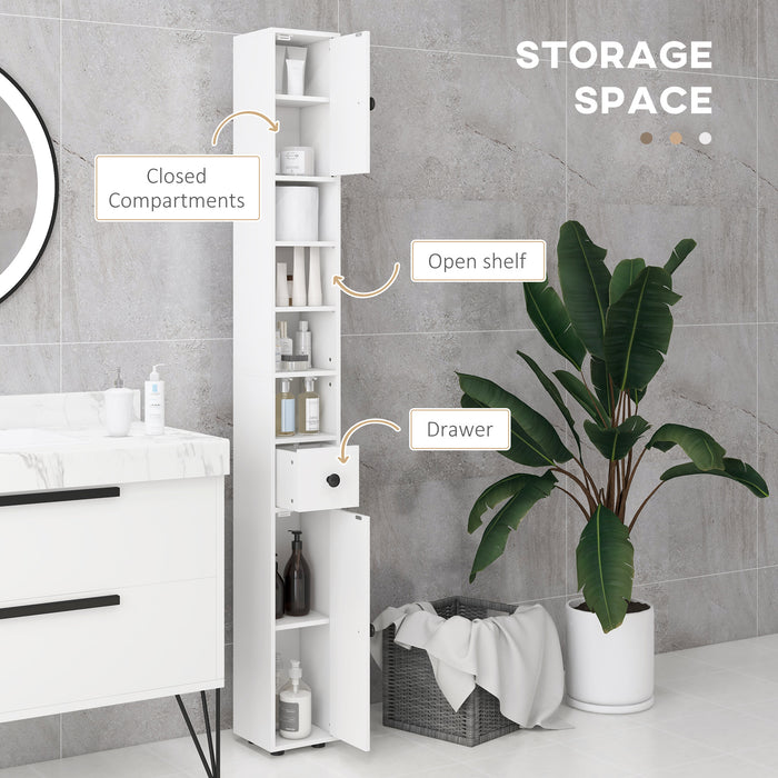 180cm High Narrow Bathroom Cabinet - Slim Toilet Roll Organizer with Open Shelving & Dual-Door Compartments - Adjustable Storage Solution for Bathrooms & Kitchens, Elegant White Design