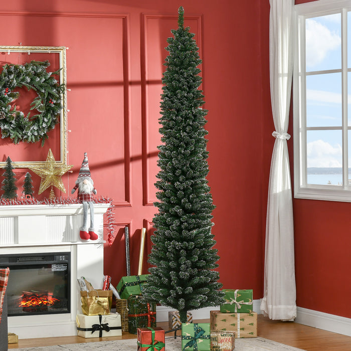 Artificial Snow-Flocked Pencil Christmas Tree 7.5FT - Slim Green Holiday Tree with Black Folding Metal Stand - Festive Indoor Home Decor for Xmas Season