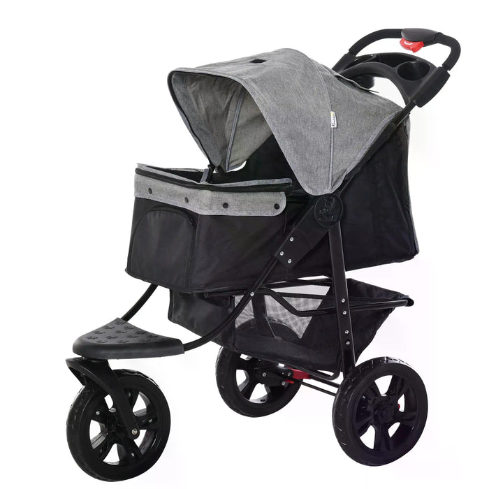 3-Wheel Folding Pet Stroller for Dogs - Adjustable Canopy, Mesh Window, Storage & Brake Features in Grey - Ideal Dog Jogger and Travel Carrier for Pet Lovers