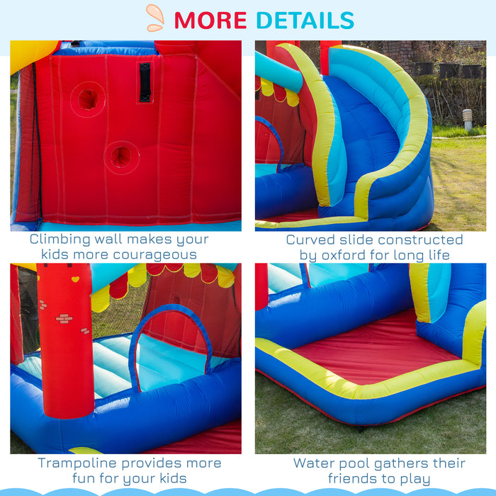 4-in-1 Bouncy Castle with Trampoline - Large Inflatable Playhouse with Slide, Climbing Wall, and Water Pool - Outdoor Fun for Children Ages 3-8