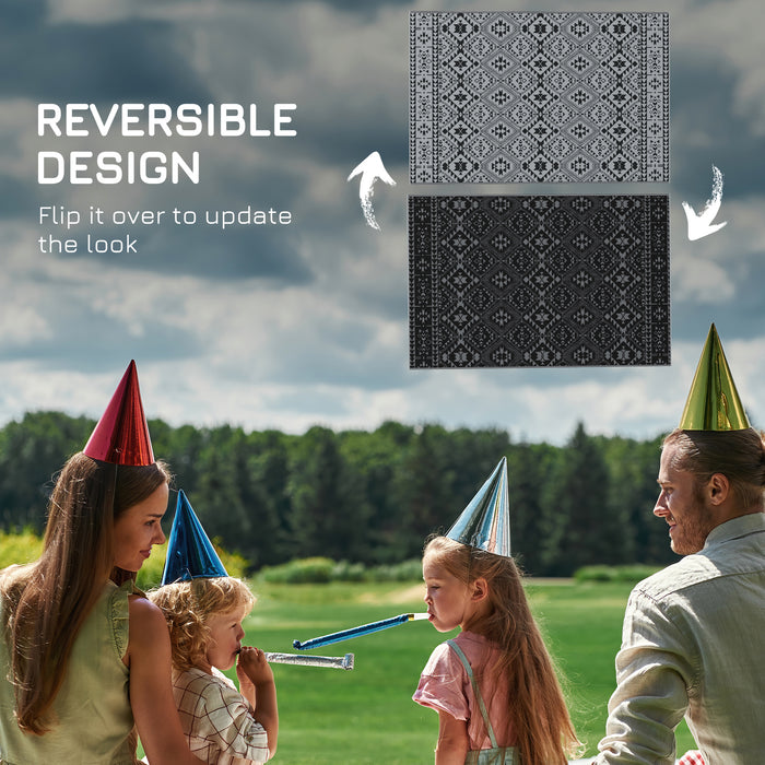 Reversible Outdoor RV Mat with Carry Bag - Durable Plastic Straw Weave, Black and Grey, 182x274cm - Ideal for Camping, Picnics & Patio Use