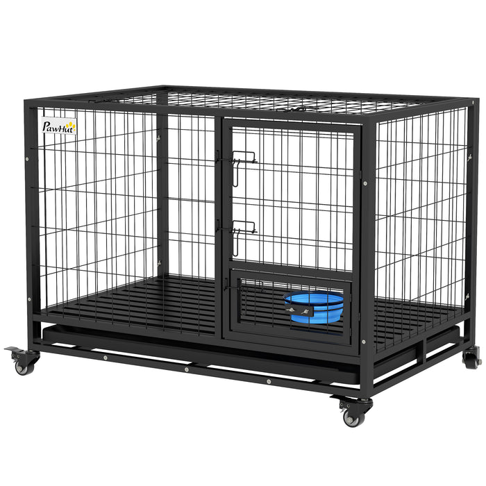 Heavy Duty 43" Dog Crate with Wheels - Includes Bowl Holder, Removable Tray, Detachable Top, Double Doors - Ideal for Large to Extra Large Dogs