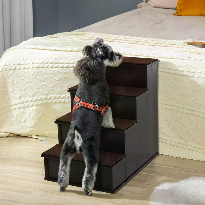 4 Step Pet Stairs in Dark Coffee - Cushioned Ramp Steps for Dogs and Cats with Non-Slip Carpet - Ideal for Bed or Couch Access for Smaller or Older Pets