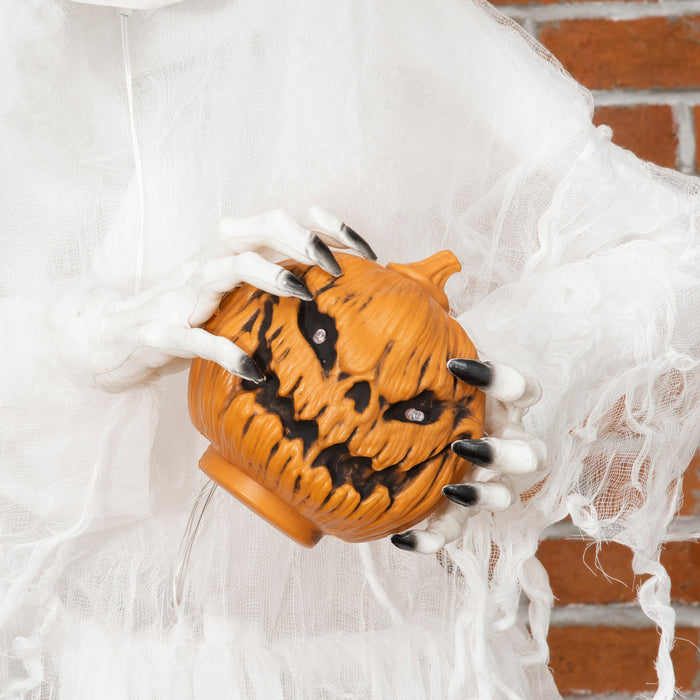 White Witch with Pumpkin Head - 72" Halloween Decoration, Light-Up Eyes, Motion-Activated Standing Skeleton Ghost Prop - Ideal for Haunted House and Seasonal Decor