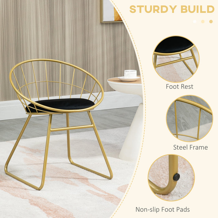 Metal Wire Dining Chair Duo - Velvet Cushion & Round Back Design with Durable Steel Frame - Elegant Seating for Living Room & Bedroom, Gold Finish