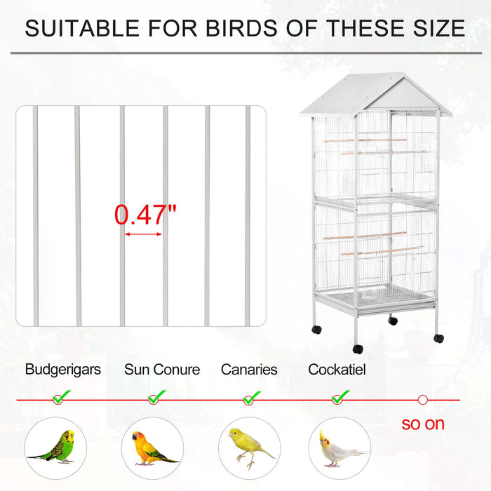 170cm Tall White Metal Bird Cage - Parrot Home with Mobile Feeder, Perches, Food Containers, Rolling Stand & Wheels - Ideal for Avian Enthusiasts & Pet Safety