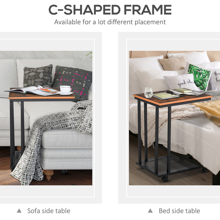 Mobile Sofa Side Table with Rolling Casters - End Coffee Table and Laptop Stand with Storage - Versatile Metal Frame Wooden Trolley for Living Room Convenience