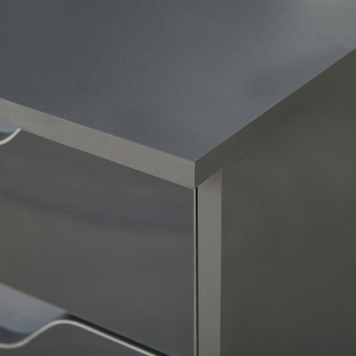 Modern High Gloss Grey Computer Desk - Writing Workstation with Drawers and Storage Cabinet - Ideal for Home or Office Study Area