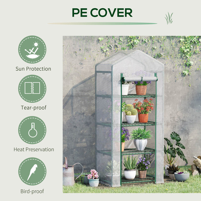 4 Tier Mini Greenhouse with Steel Frame - Portable PE Covered Garden Hot House with Roll-up Door - Ideal for Small Space Gardening & Seed Starting