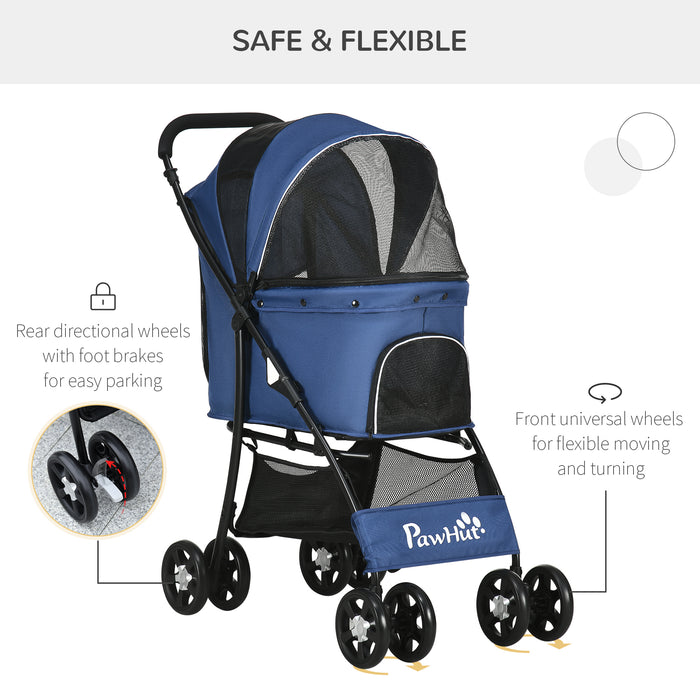 Foldable Pet Stroller with Spacious Carriage - Dog and Cat Travel System with Universal Wheels and Brake Canopy - Perfect for Pets, Includes Basket Storage Bag in Dark Blue