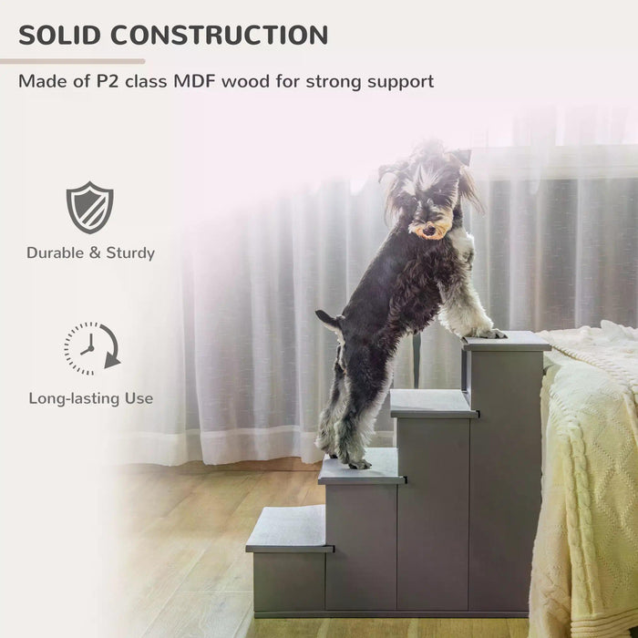 Wooden 4-Step Pet Stairs with Cushion - Non-Slip Carpeted Dog & Cat Ladder for Bed/Couch Access - Ideal for Small to Medium Pets, Grey, 40x59x54.2cm