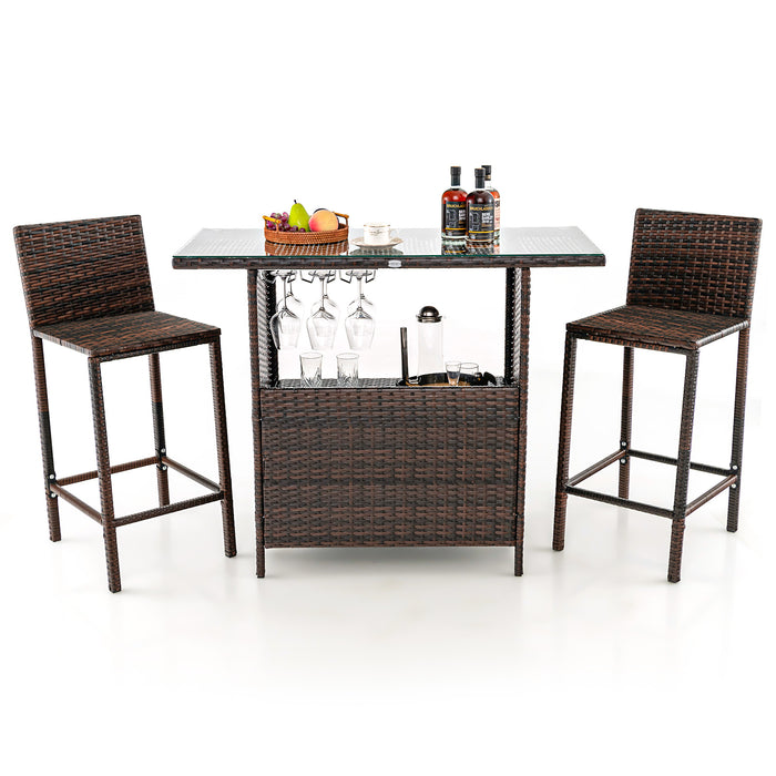Bar Height Patio Wicker Furniture Set - 3-Piece Table and Chair Ensemble with Wine Glass Storage - Perfect for Outdoor Entertaining and Storage Solutions